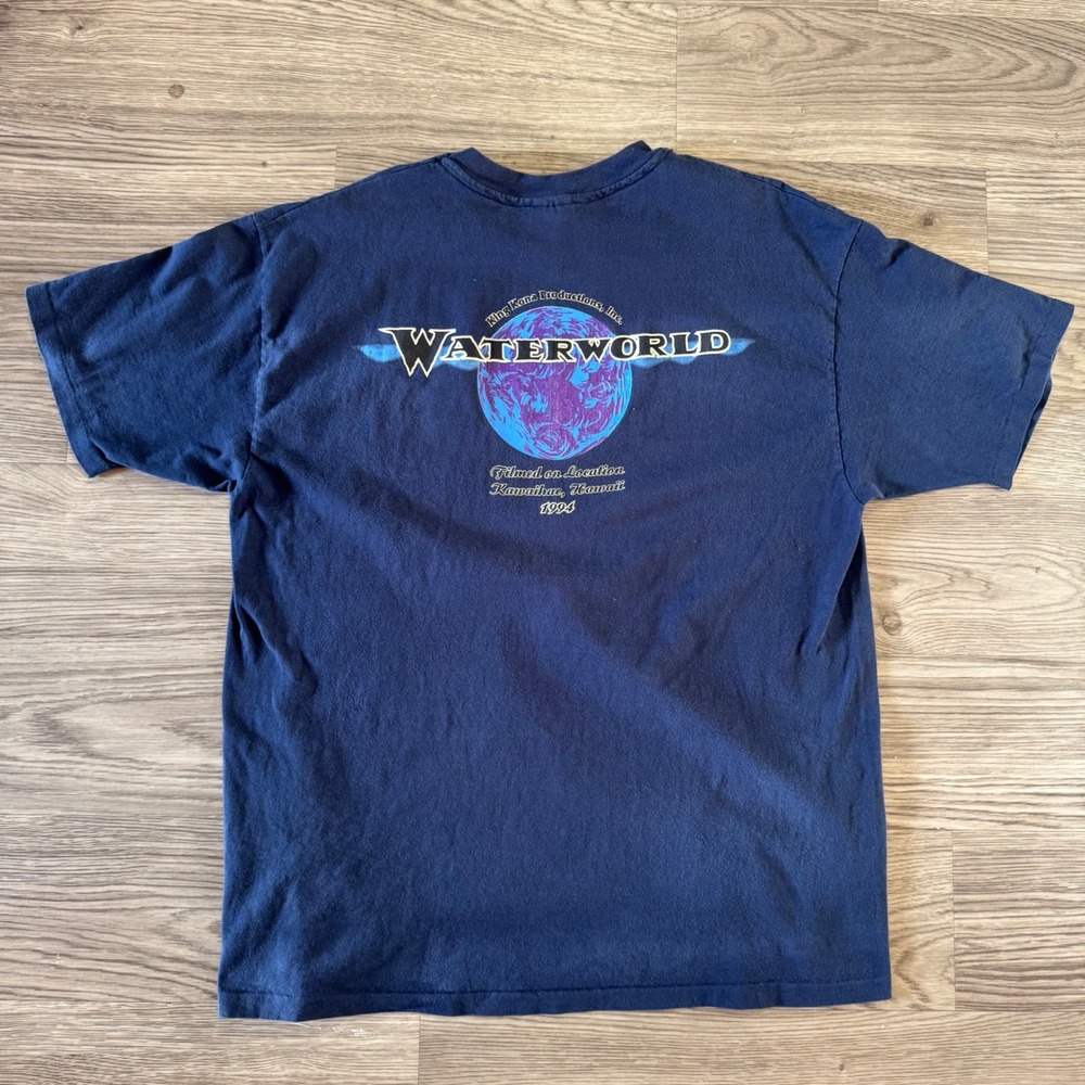 Vintage 90s Waterworld Movie Crew T-Shirt 1994 Hawaii Filming Hanes Navy XL